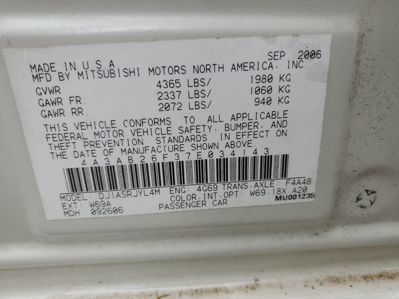 4A3AB26F37E034143 2007 Mitsubishi Galant De