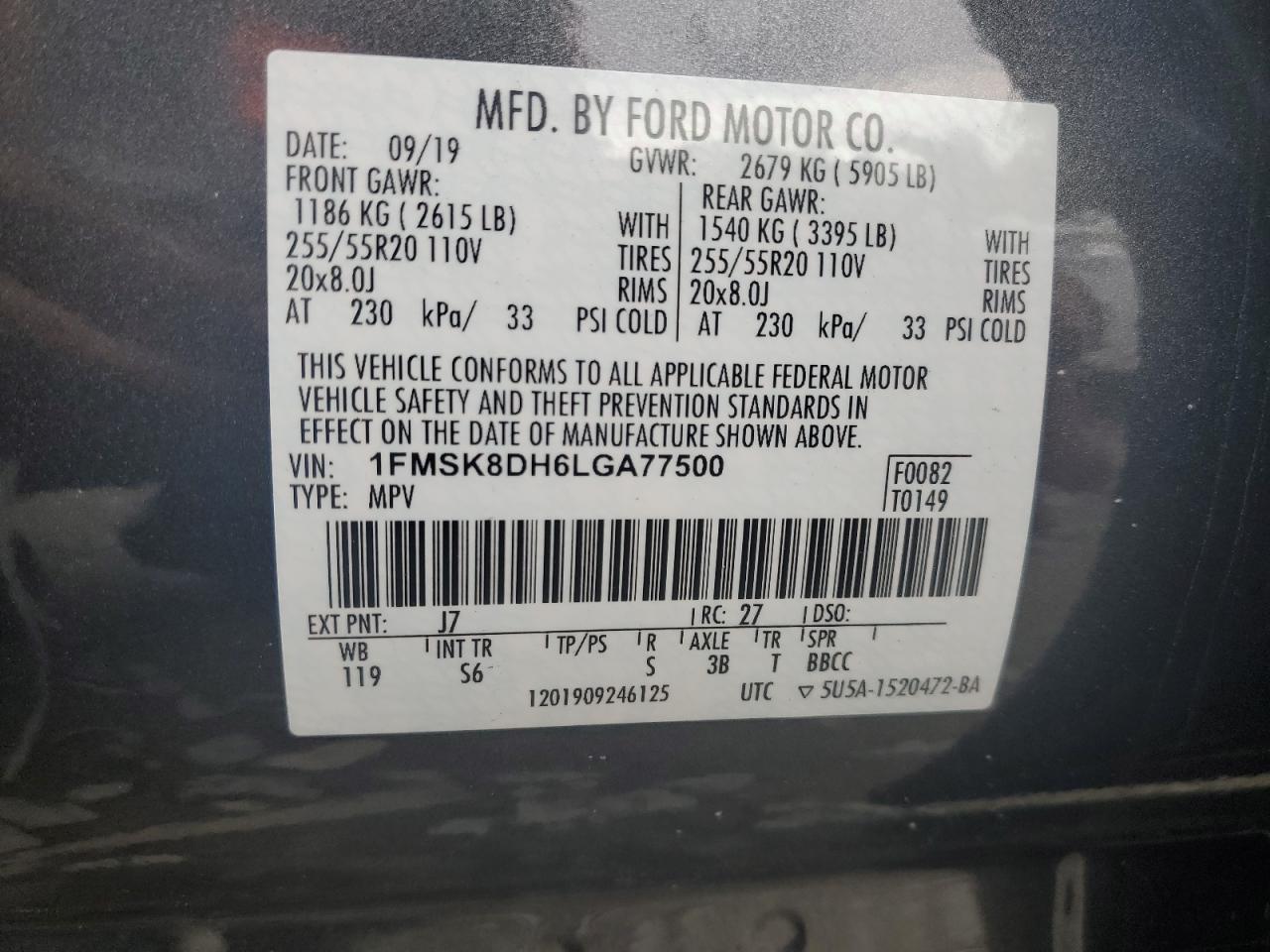 2020 Ford Explorer Xlt VIN: 1FMSK8DH6LGA77500 Lot: 63464284