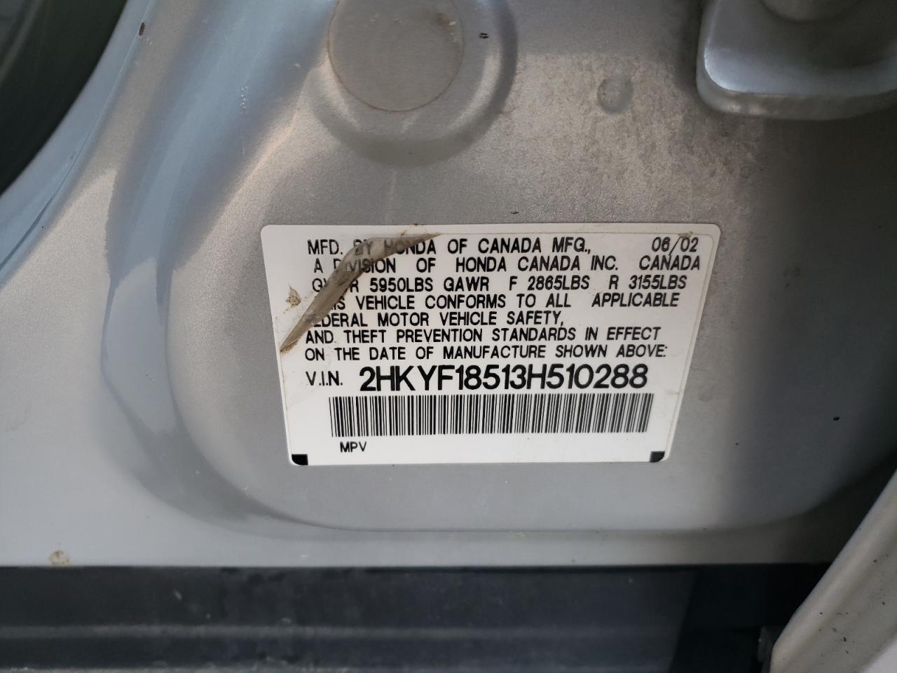 2003 Honda Pilot Exl VIN: 2HKYF18513H510288 Lot: 61905024