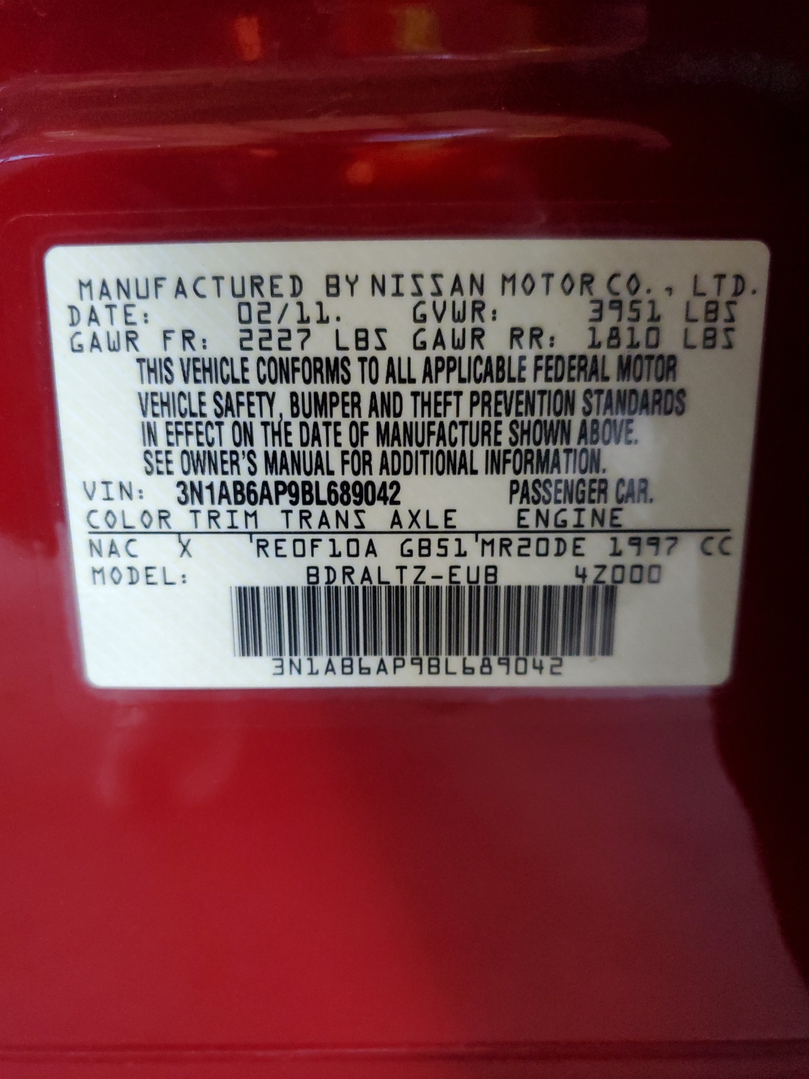 3N1AB6AP9BL689042 2011 Nissan Sentra 2.0