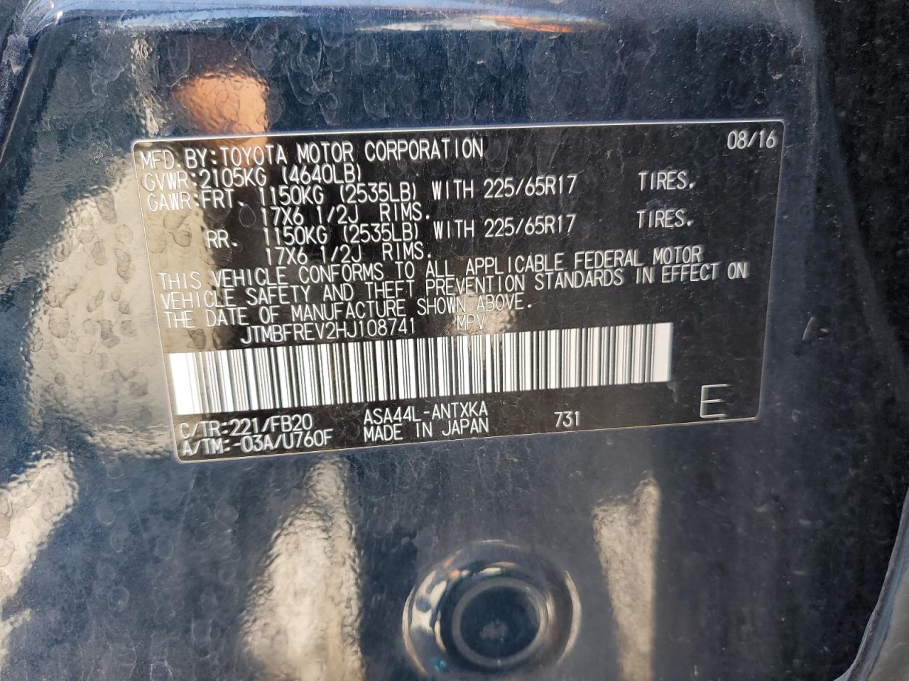 2017 Toyota Rav4 Le VIN: JTMBFREV2HJ108741 Lot: 62710794