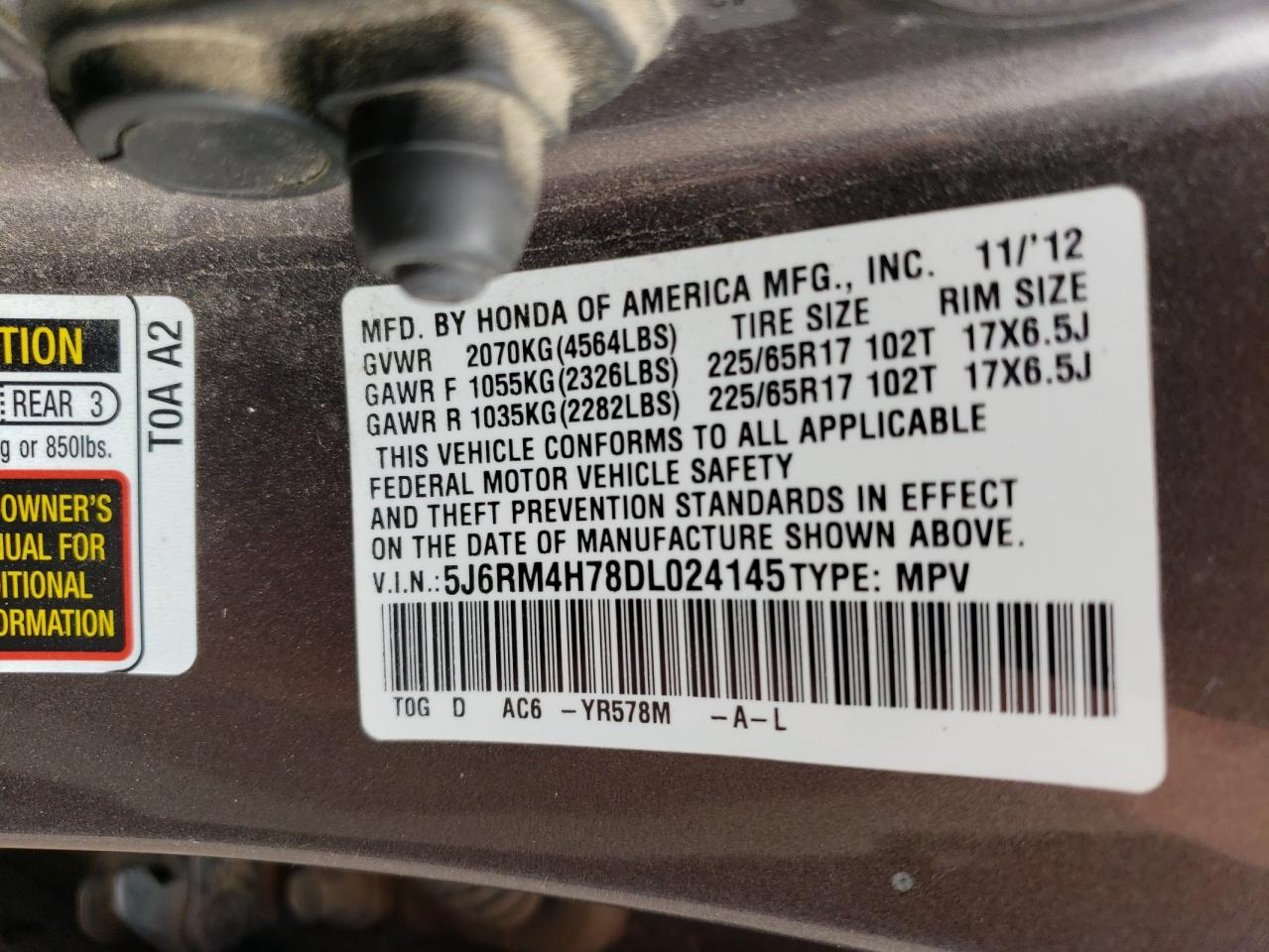 2013 Honda Cr-V Exl VIN: 5J6RM4H78DL024145 Lot: 64358484