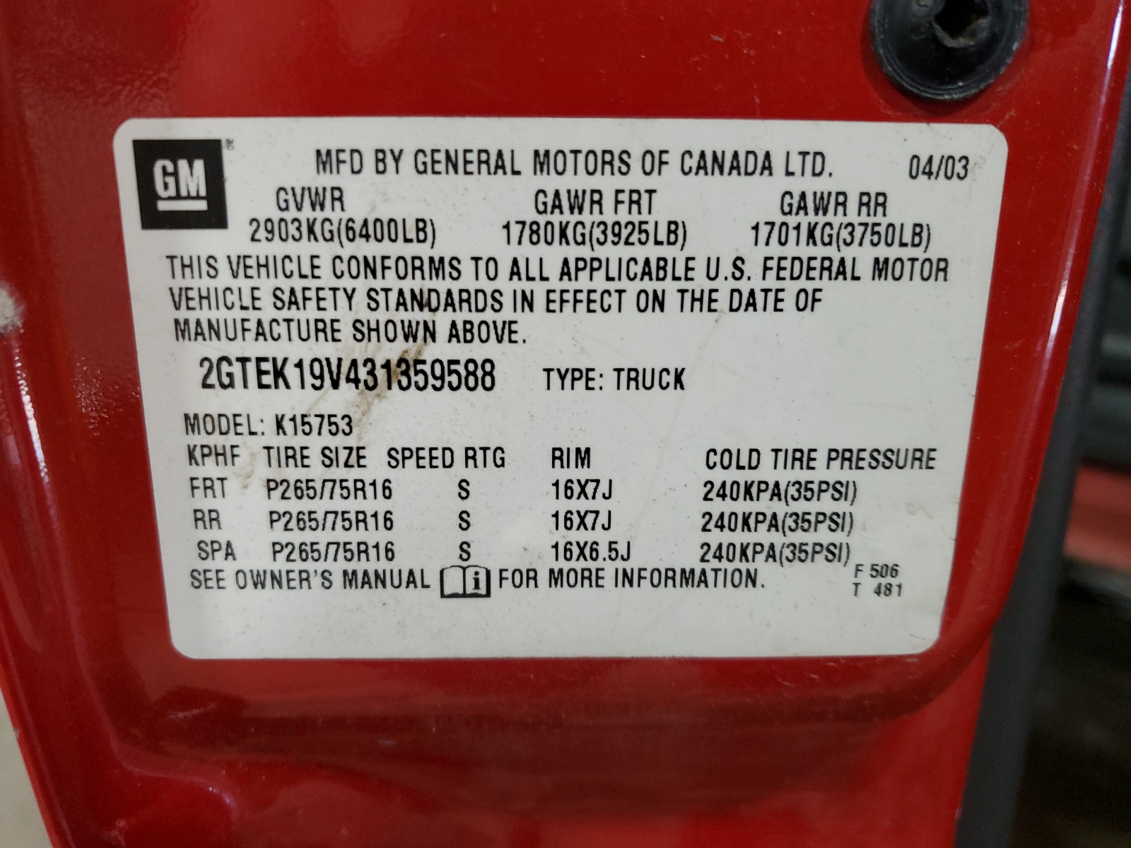 2GTEK19V431359588 2003 GMC New Sierra K1500