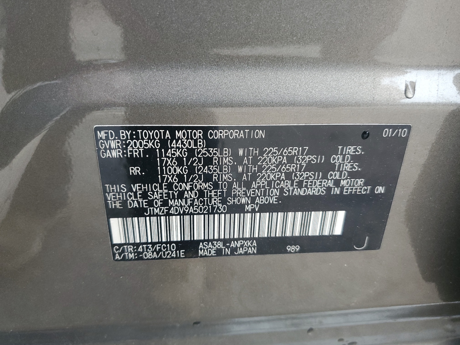 JTMZF4DV9A5021730 2010 Toyota Rav4