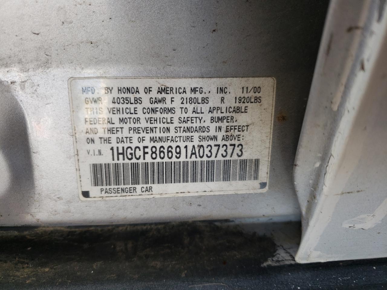 1HGCF86691A037373 2001 Honda Accord Value