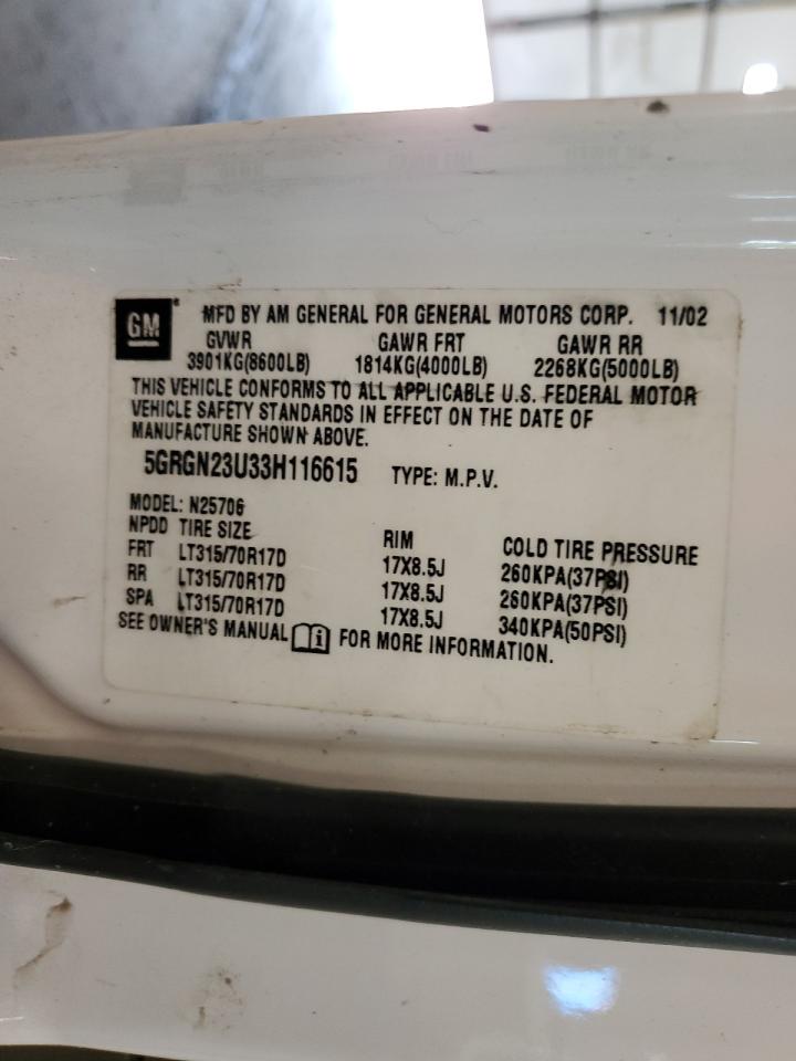 2003 Hummer H2 VIN: 5GRGN23U33H116615 Lot: 62518124