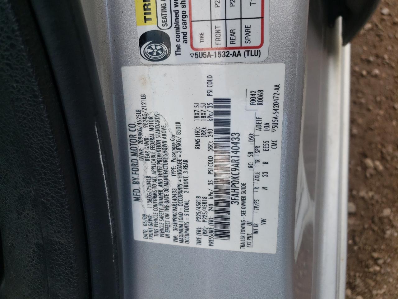 2010 Ford Fusion Sport VIN: 3FAHP0KC9AR140433 Lot: 61428044