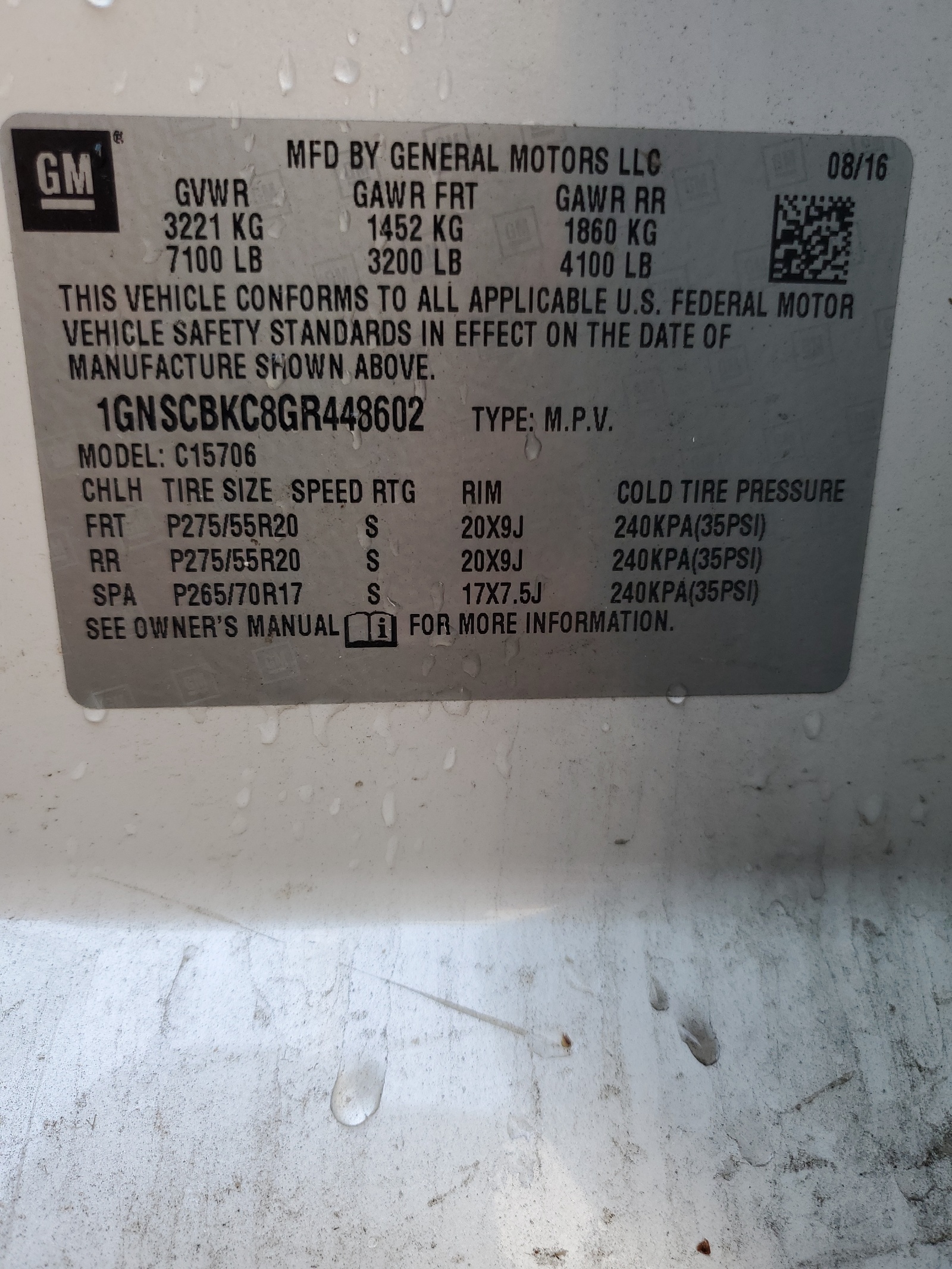 1GNSCBKC8GR448602 2016 Chevrolet Tahoe C1500 Lt