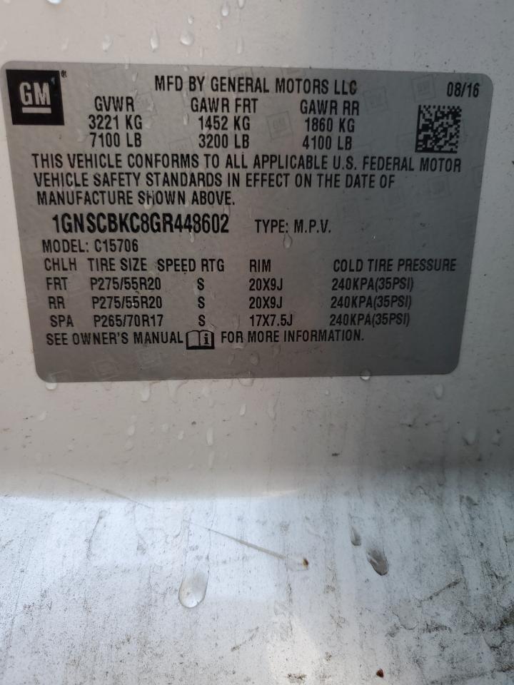 2016 Chevrolet Tahoe C1500 Lt VIN: 1GNSCBKC8GR448602 Lot: 64294124