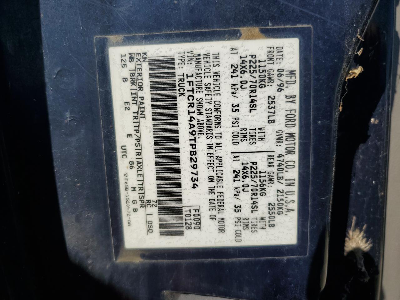 1996 Ford Ranger Super Cab VIN: 1FTCR14A9TPB29734 Lot: 63344544