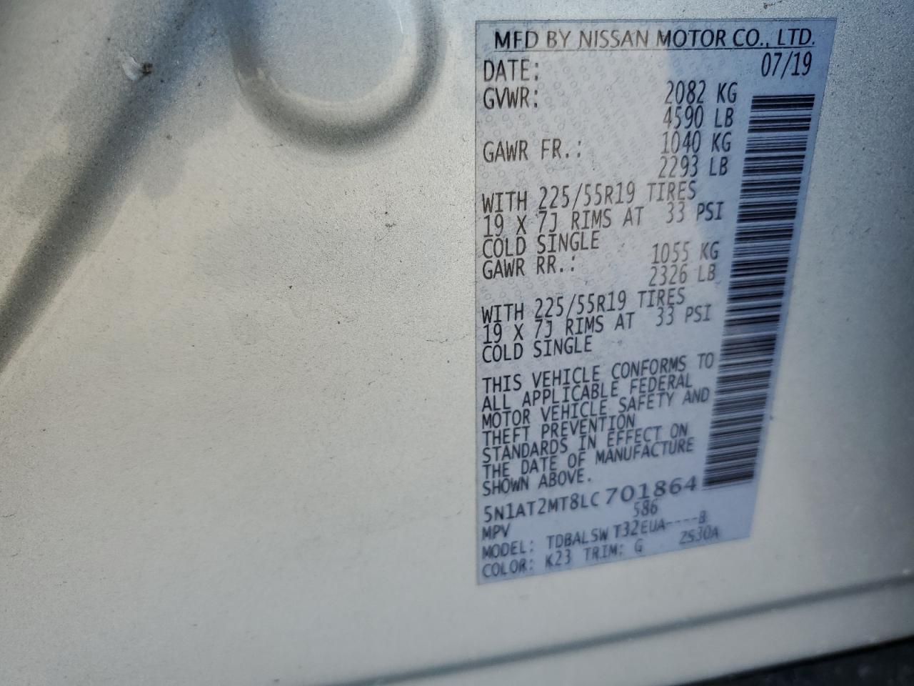 2020 Nissan Rogue S VIN: 5N1AT2MT8LC701864 Lot: 62283004