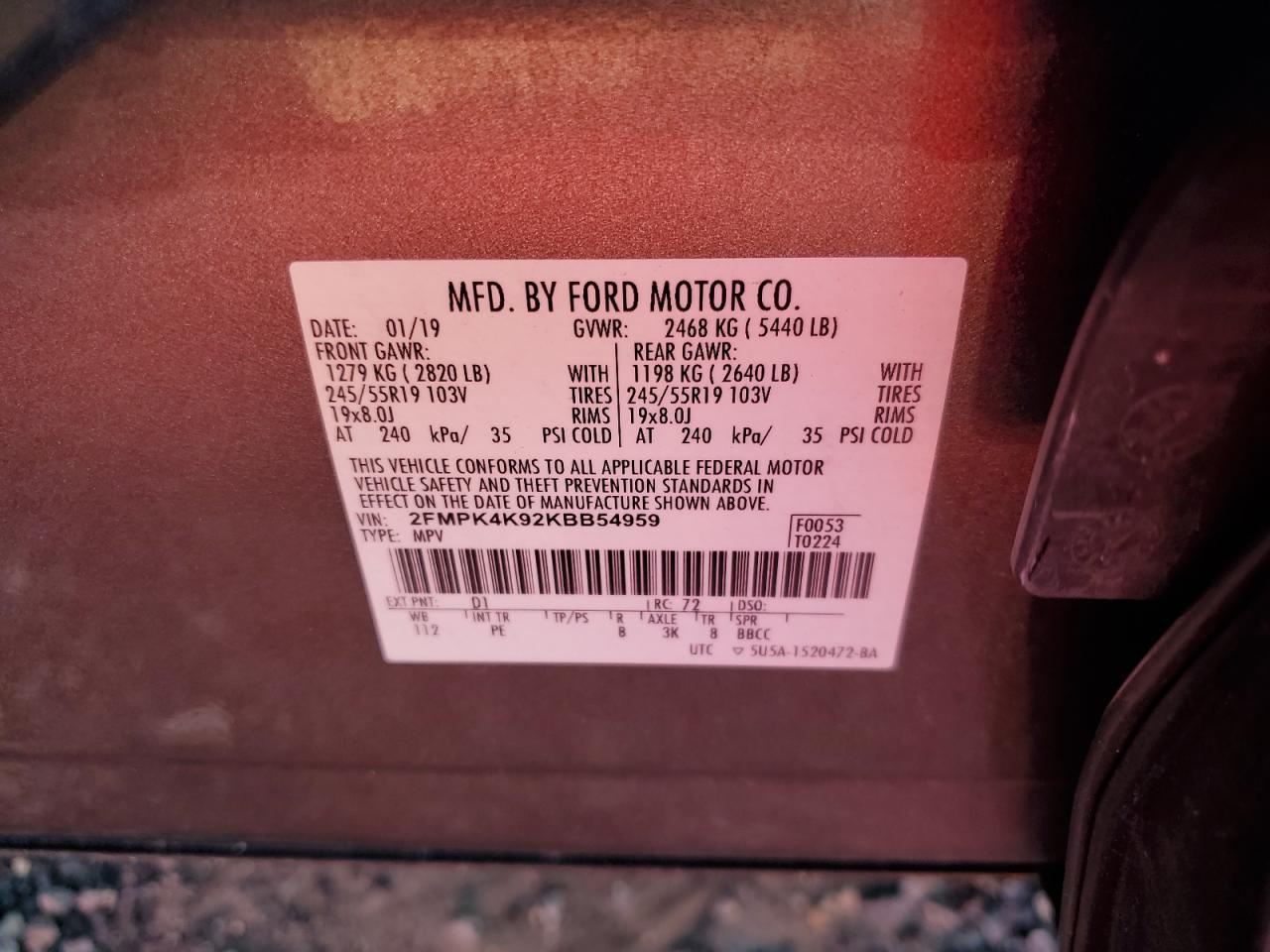 2019 Ford Edge Titanium VIN: 2FMPK4K92KBB54959 Lot: 63625334