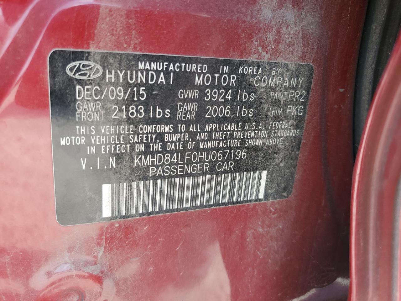 KMHD84LF0HU067196 2017 Hyundai Elantra Se