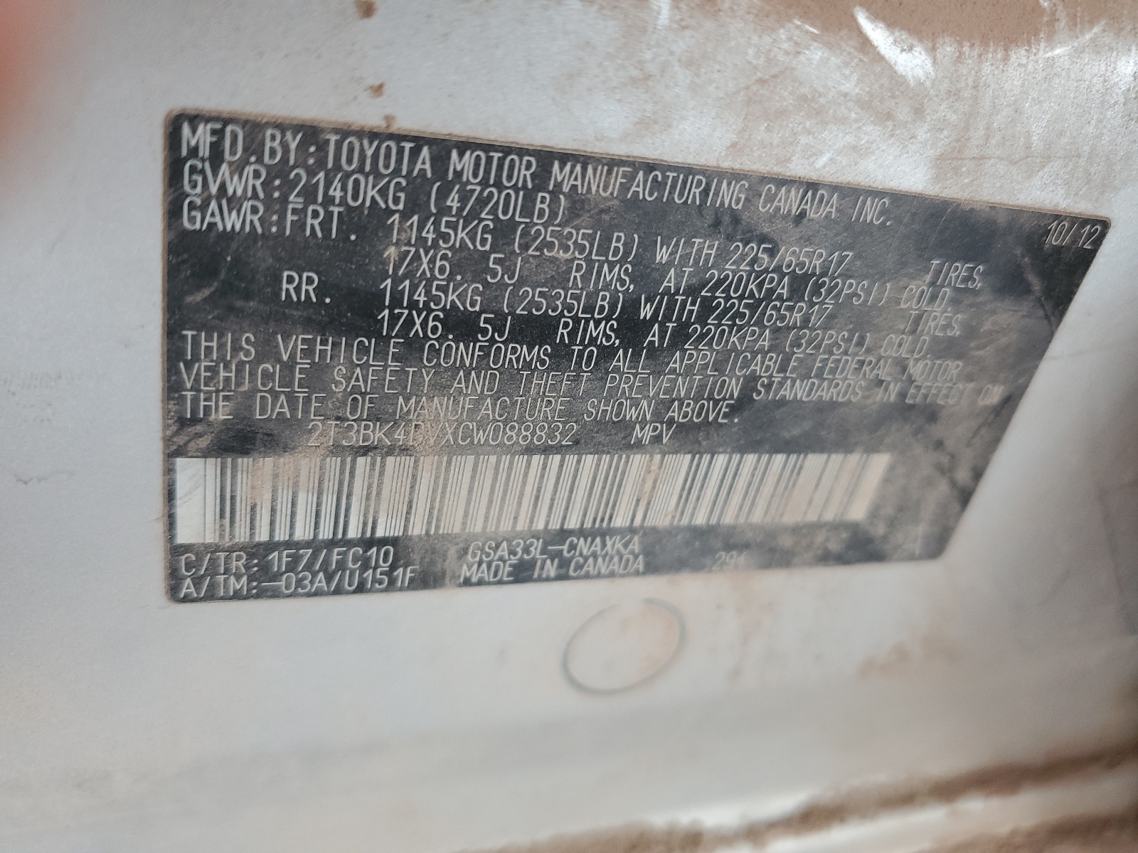 2T3BK4DVXCW088832 2012 Toyota Rav4