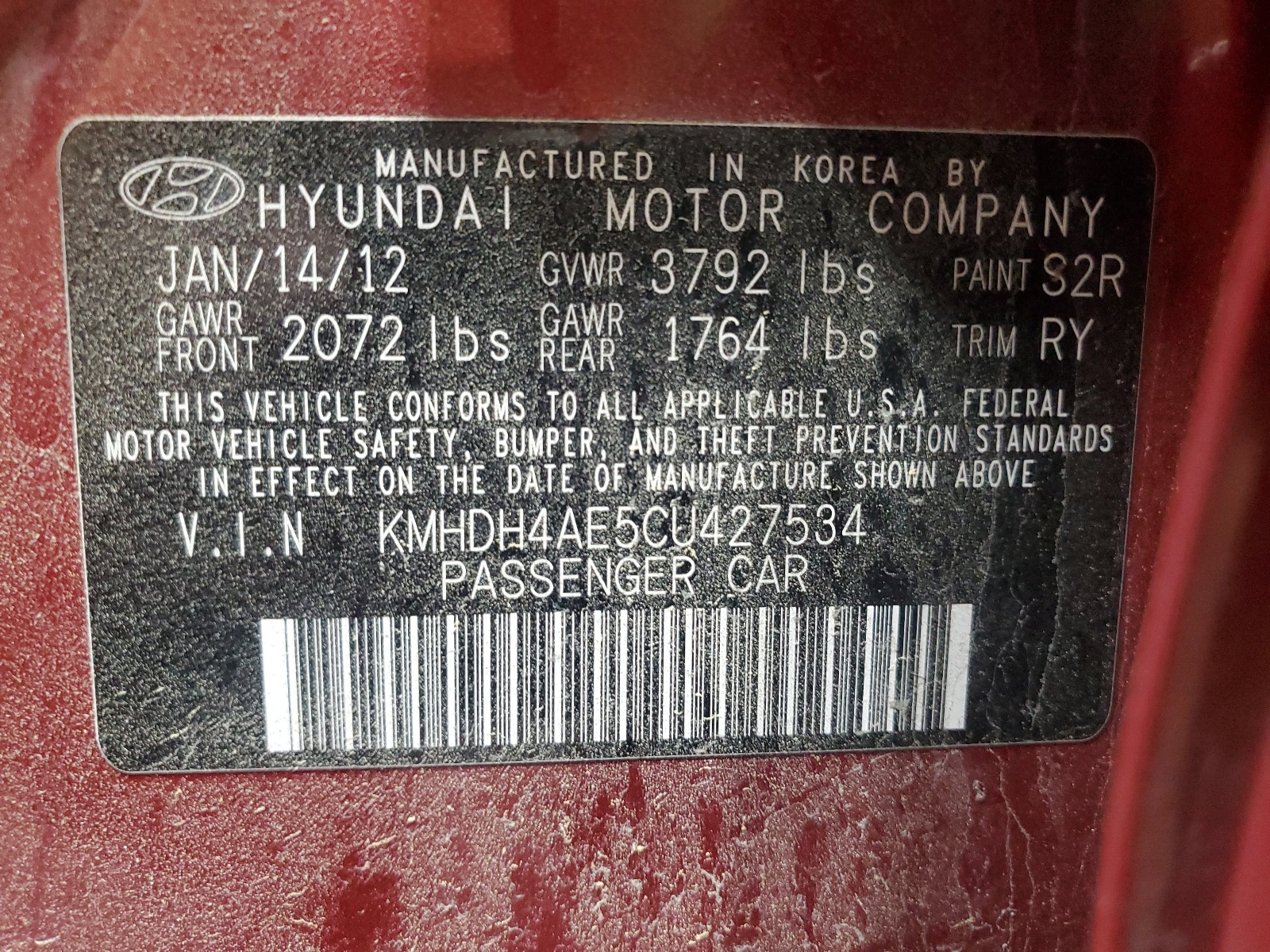 KMHDH4AE5CU427534 2012 Hyundai Elantra Gls