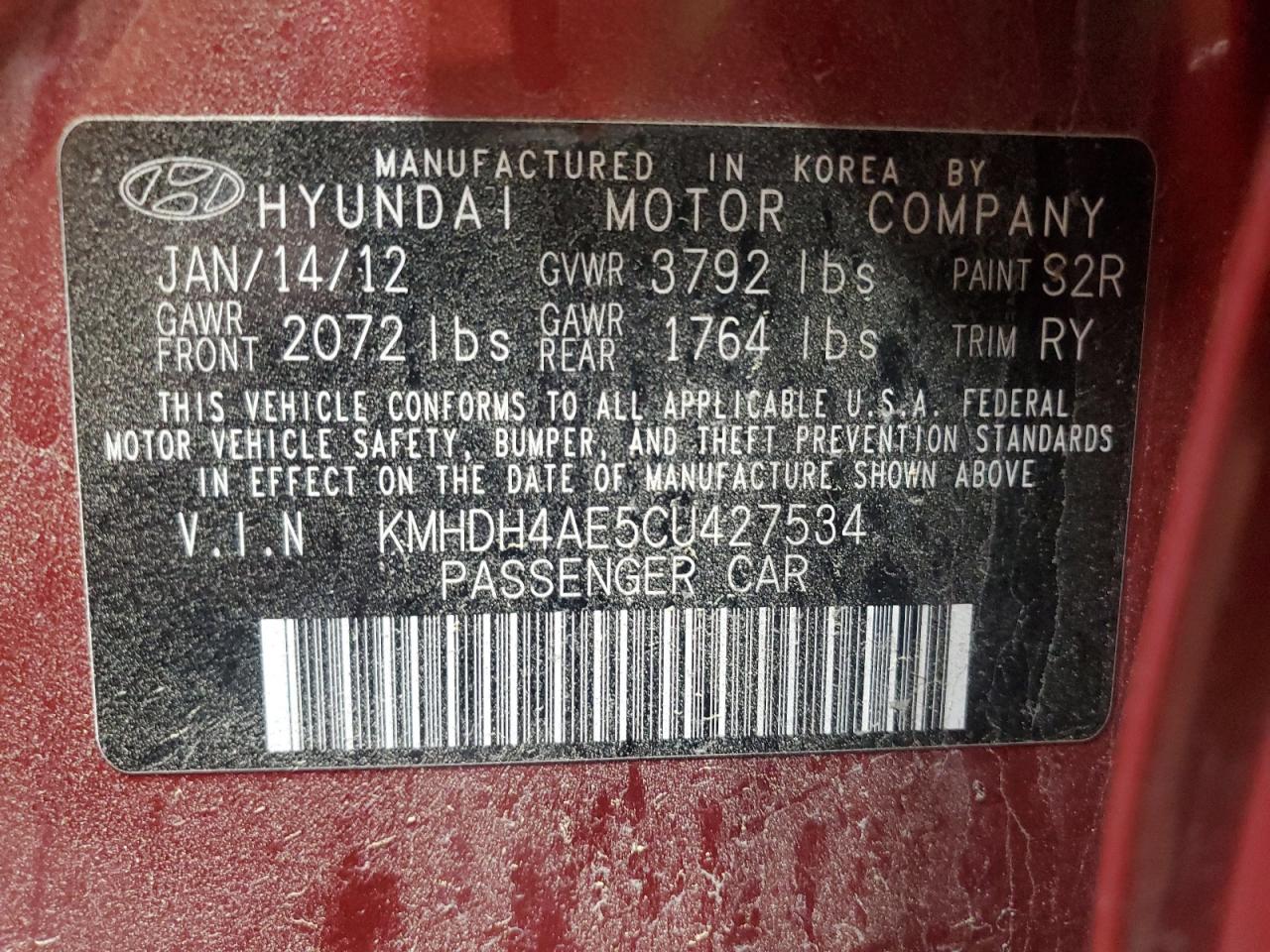 2012 Hyundai Elantra Gls VIN: KMHDH4AE5CU427534 Lot: 61100464