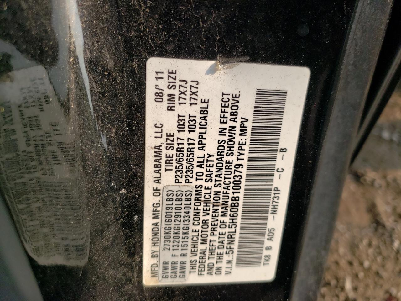 2011 Honda Odyssey Exl VIN: 5FNRL5H60BB100379 Lot: 64312464