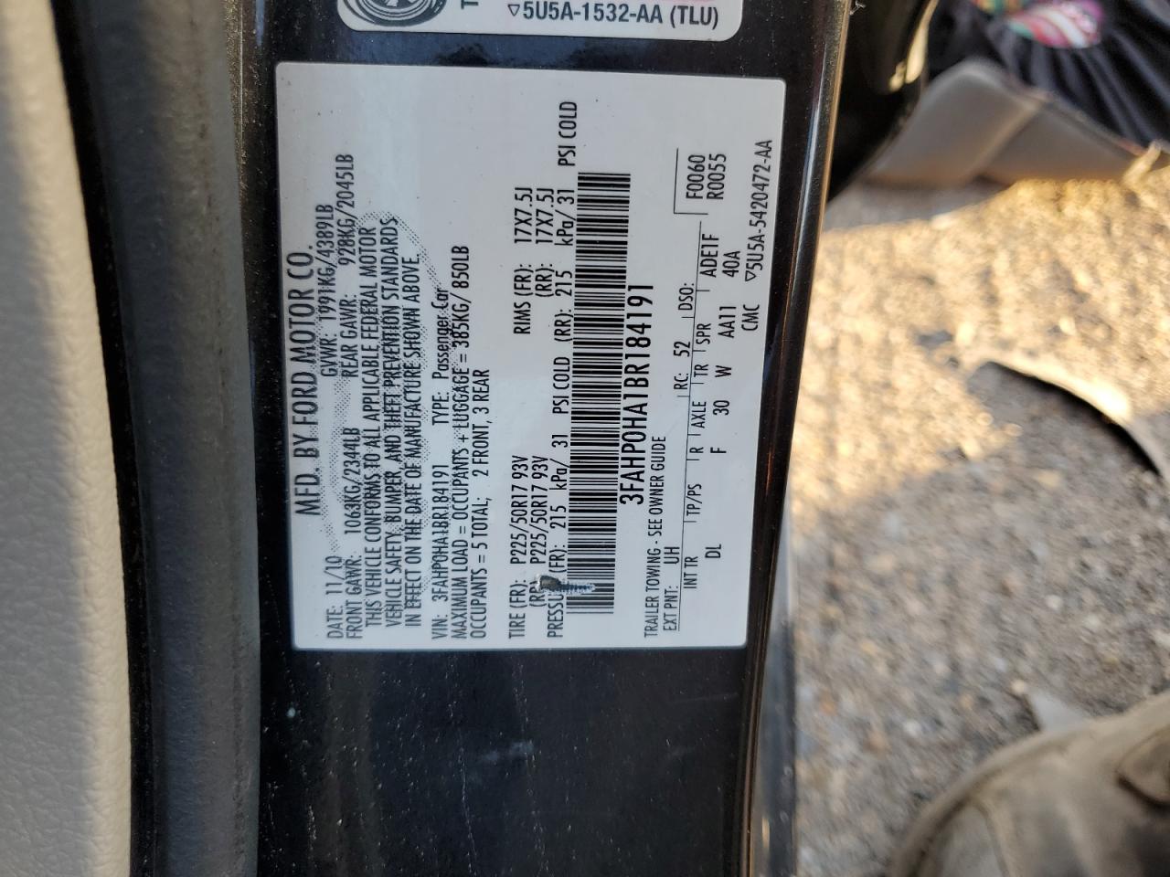 2011 Ford Fusion Se VIN: 3FAHP0HA1BR184191 Lot: 63210234