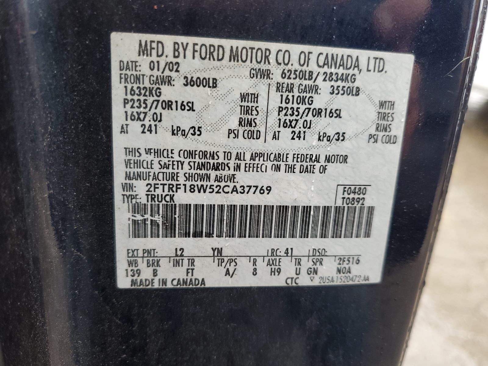 2FTRF18W52CA37769 2002 Ford F150