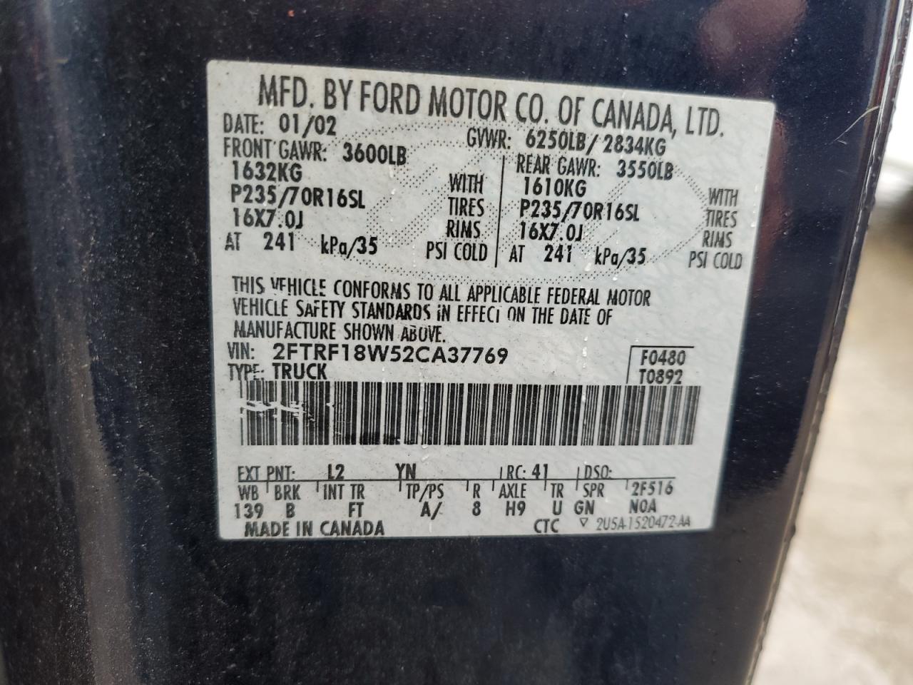 2002 Ford F150 VIN: 2FTRF18W52CA37769 Lot: 65474494