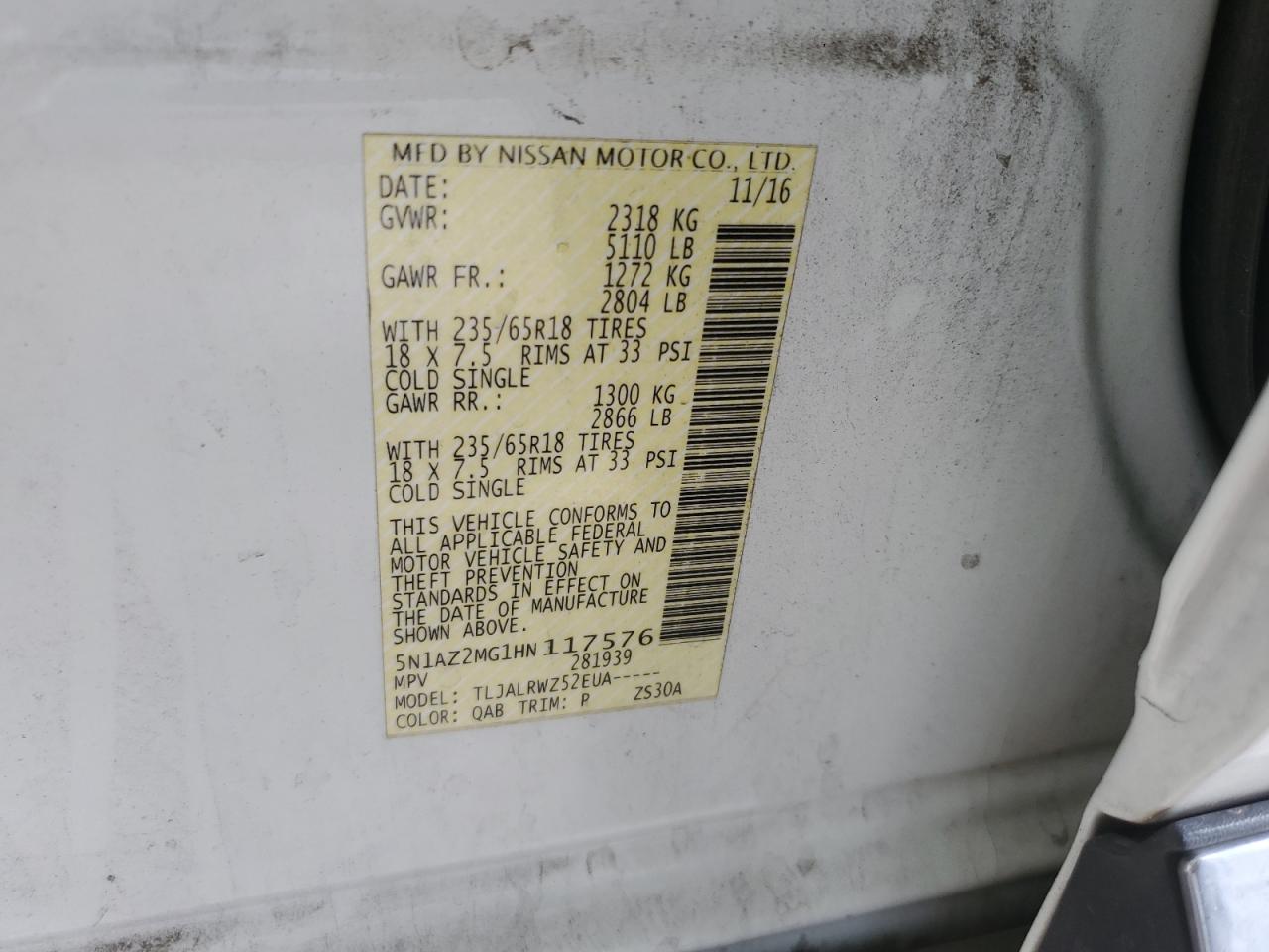 2017 Nissan Murano S VIN: 5N1AZ2MG1HN117576 Lot: 61334644