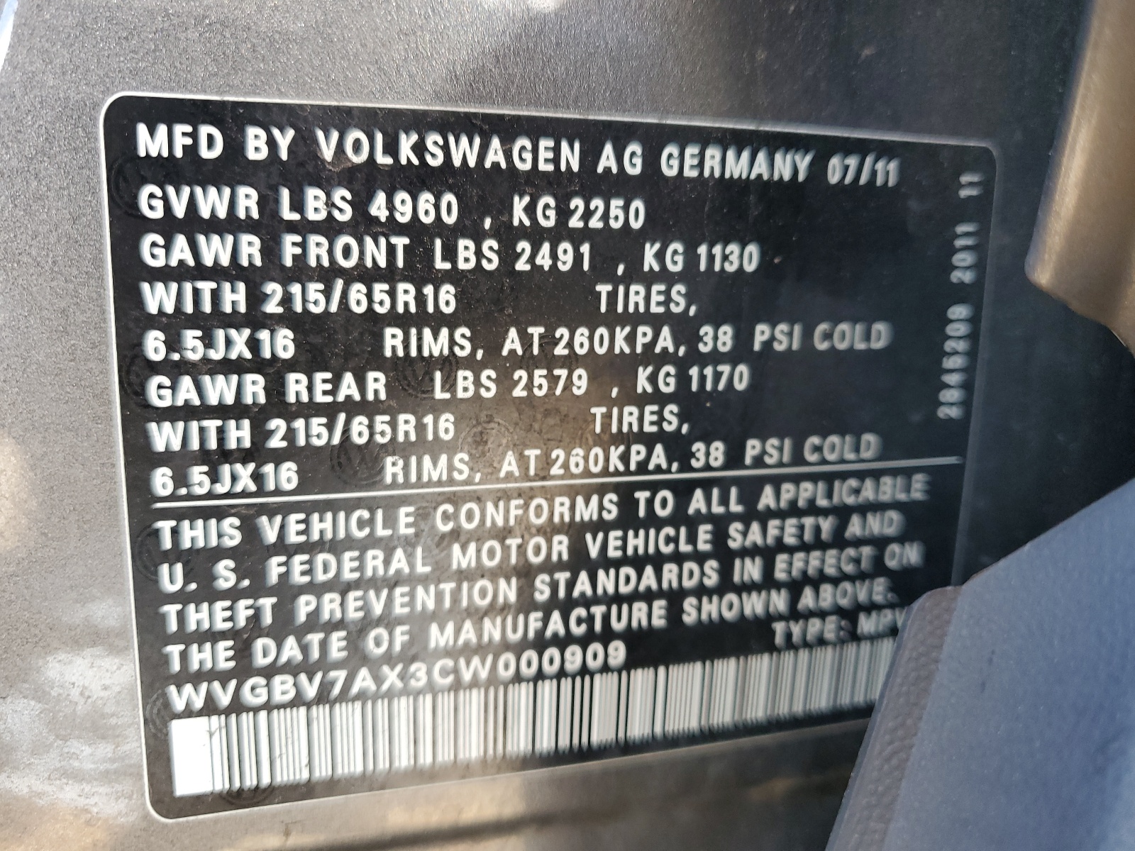 WVGBV7AX3CW000909 2012 Volkswagen Tiguan S