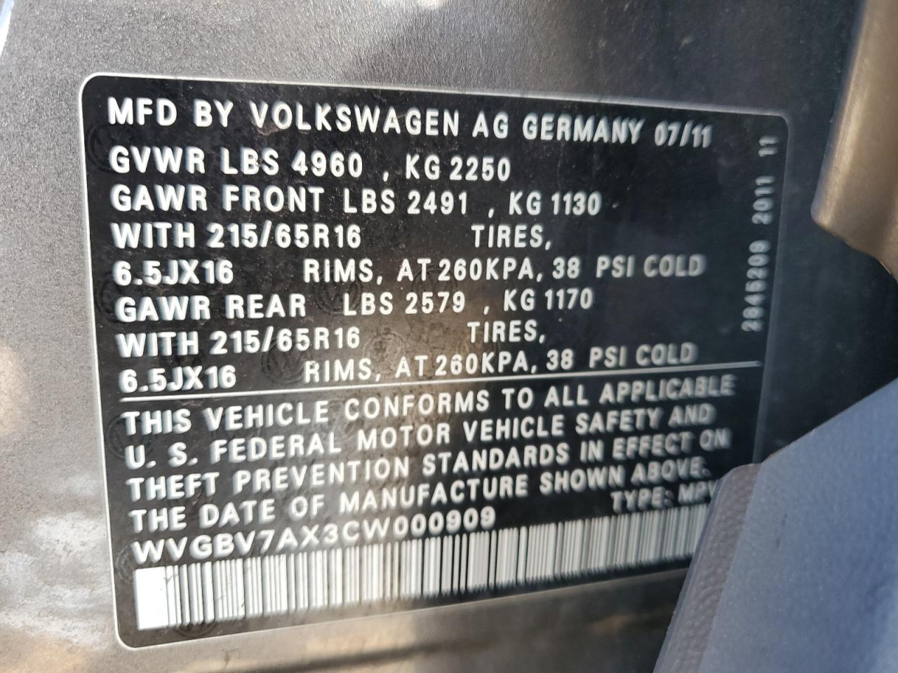 2012 Volkswagen Tiguan S VIN: WVGBV7AX3CW000909 Lot: 63252294