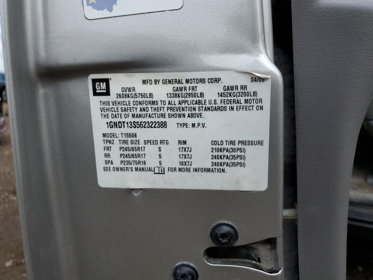 2006 Chevrolet Trailblazer Ls VIN: 1GNDT13S562322388 Lot: 62668744