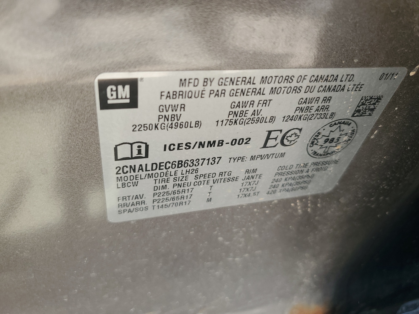 2CNALDEC6B6337137 2011 Chevrolet Equinox Lt