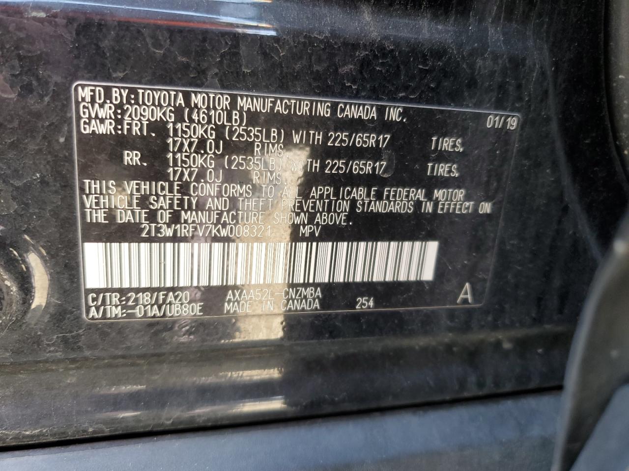 2019 Toyota Rav4 Xle VIN: 2T3W1RFV7KW008321 Lot: 63705044