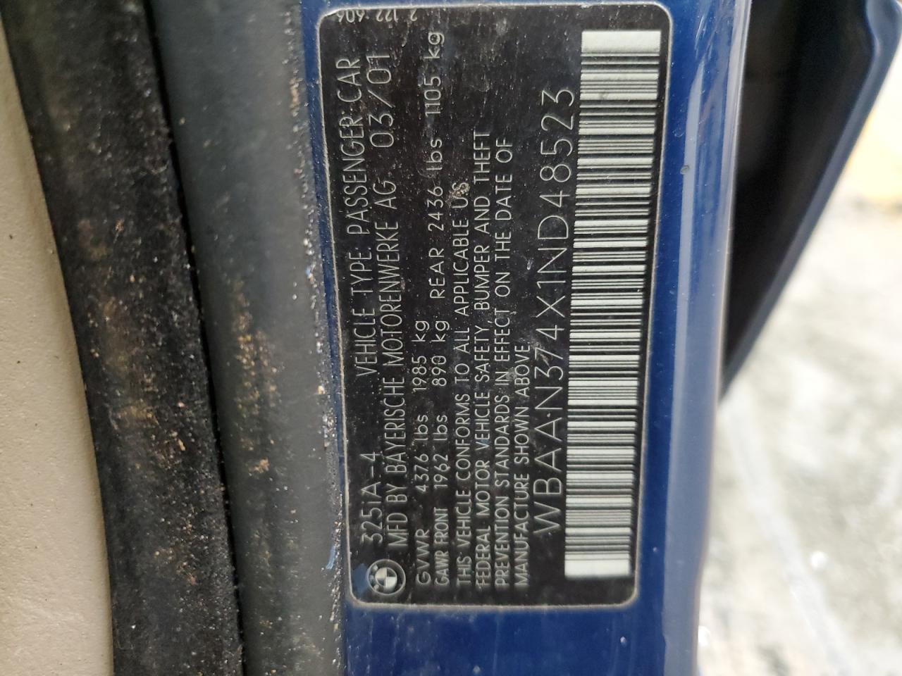 2001 BMW 325 I VIN: WBAAN374X1ND48523 Lot: 63761844