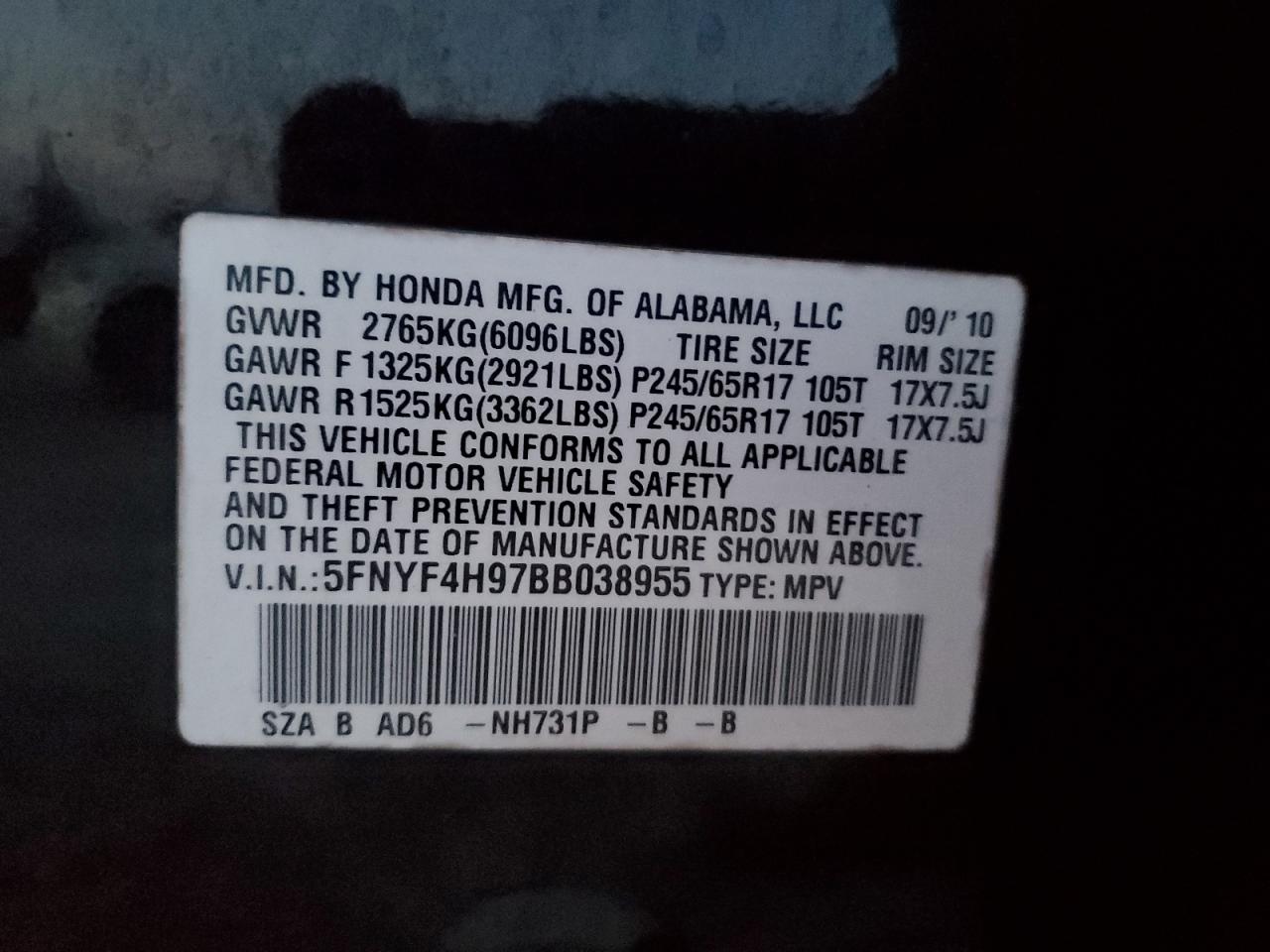 2011 Honda Pilot Touring VIN: 5FNYF4H97BB038955 Lot: 63516134