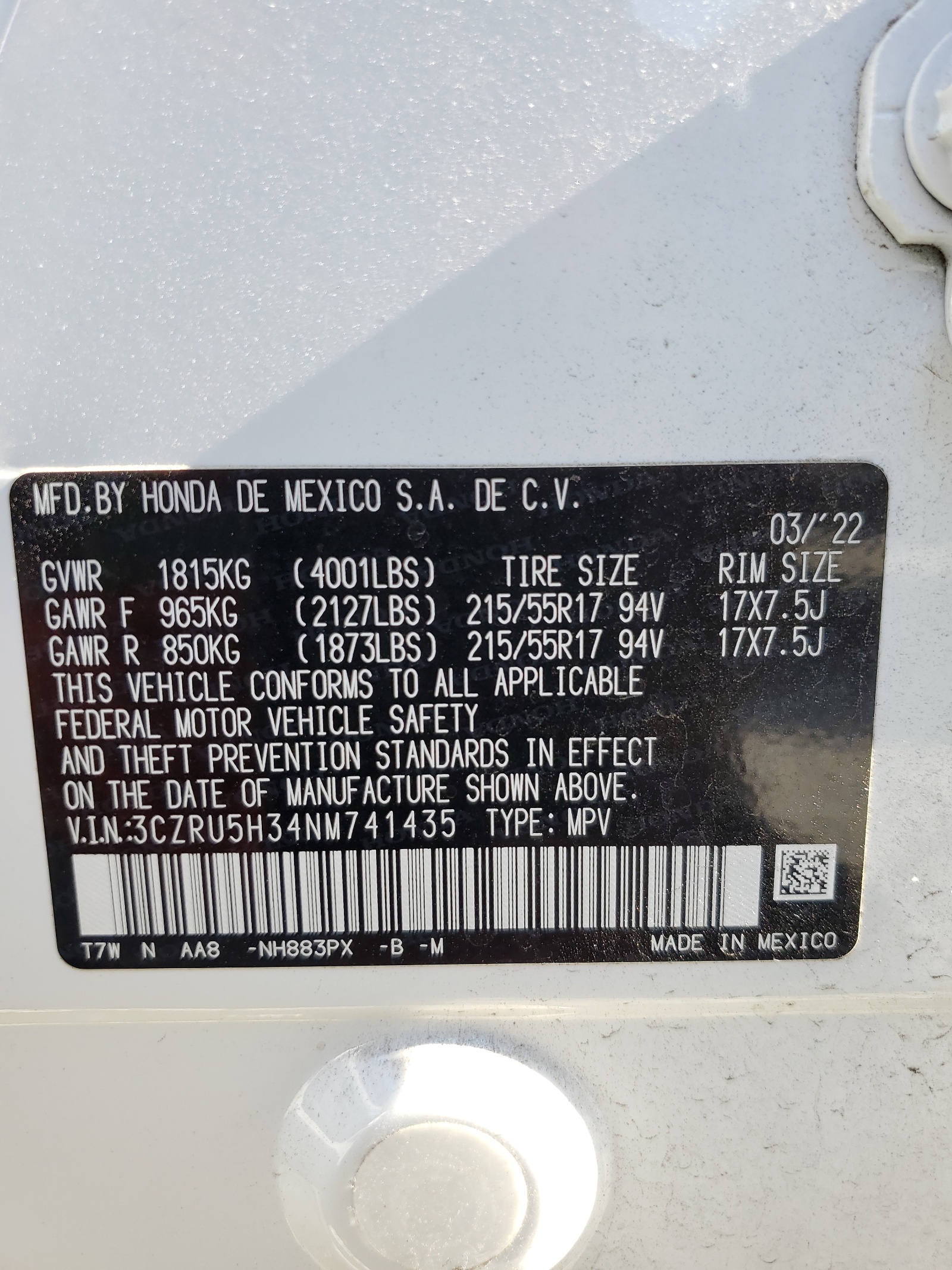 3CZRU5H34NM741435 2022 Honda Hr-V Lx