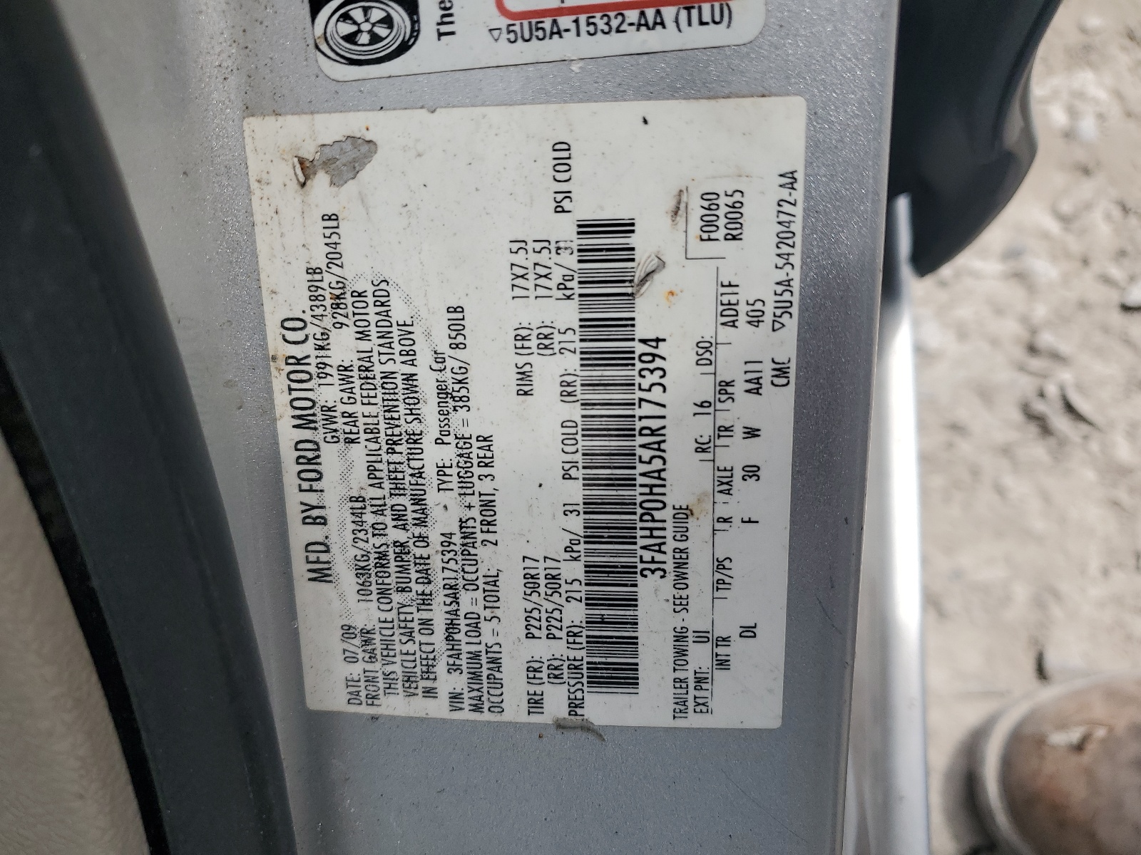 3FAHP0HA5AR175394 2010 Ford Fusion Se