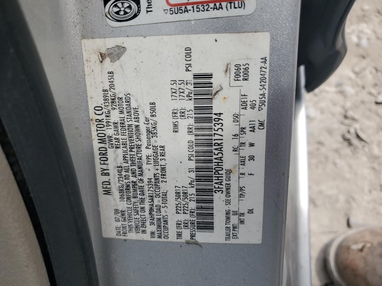 2010 Ford Fusion Se VIN: 3FAHP0HA5AR175394 Lot: 63258454