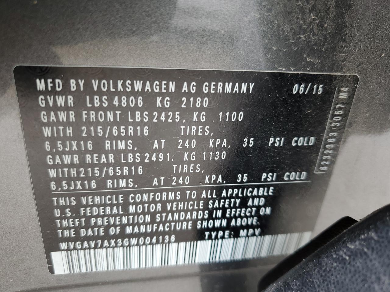 2016 Volkswagen Tiguan S VIN: WVGAV7AX3GW004136 Lot: 63177534