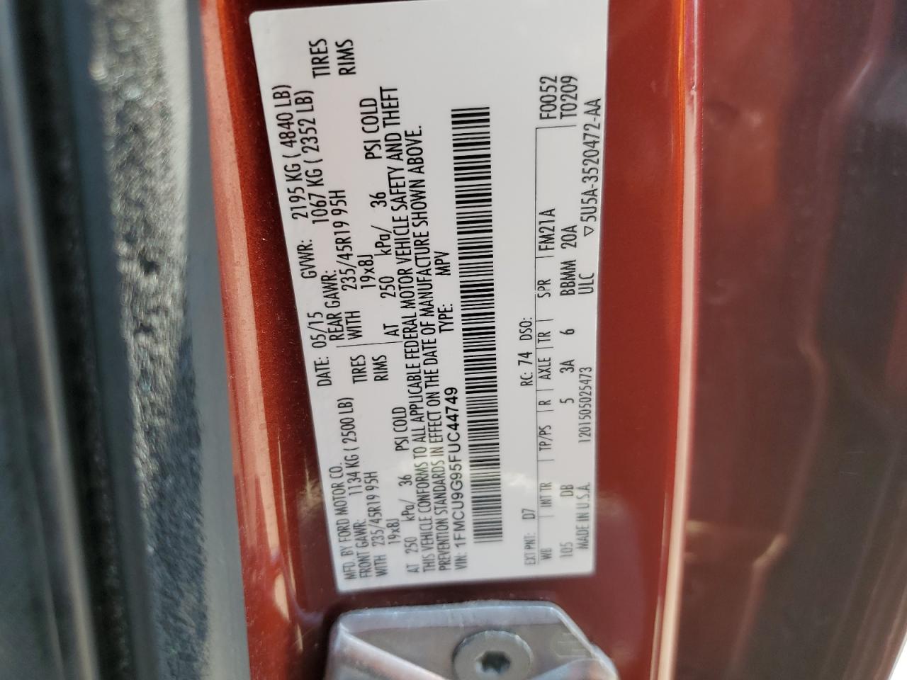 2015 Ford Escape Se VIN: 1FMCU9G95FUC44749 Lot: 62717414