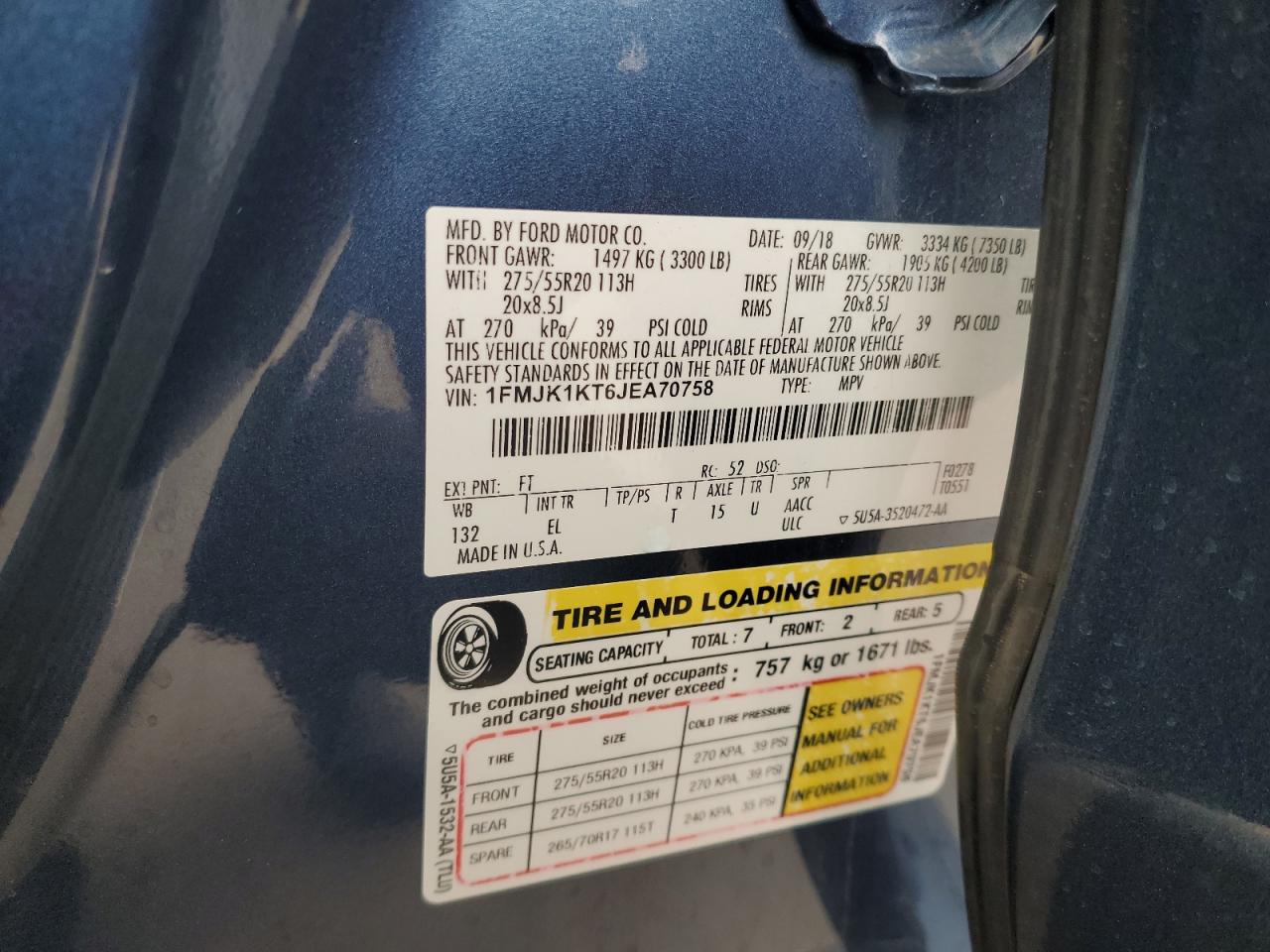 2018 Ford Expedition Max Limited VIN: 1FMJK1KT6JEA70758 Lot: 61953284