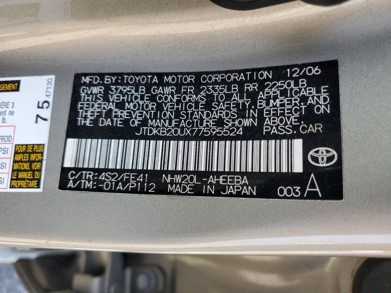 JTDKB20UX77595524 2007 Toyota Prius