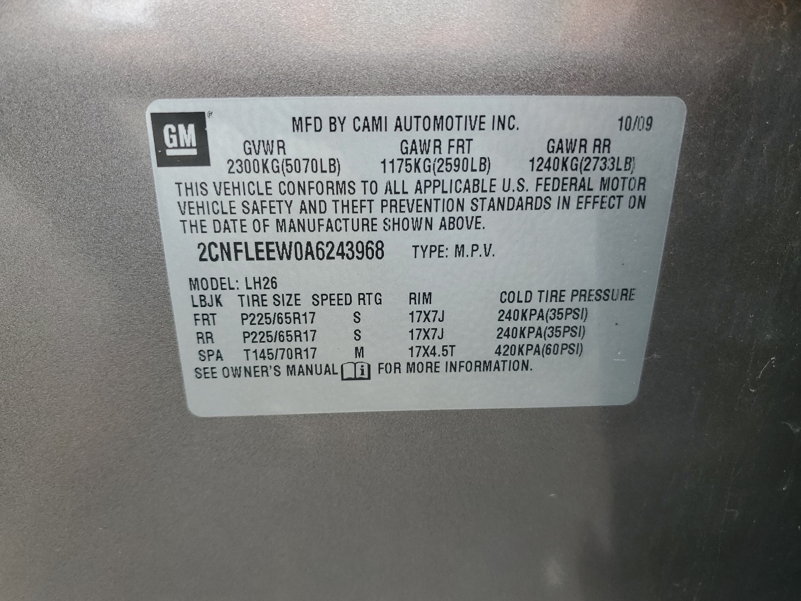 2CNFLEEW0A6243968 2010 Chevrolet Equinox Lt