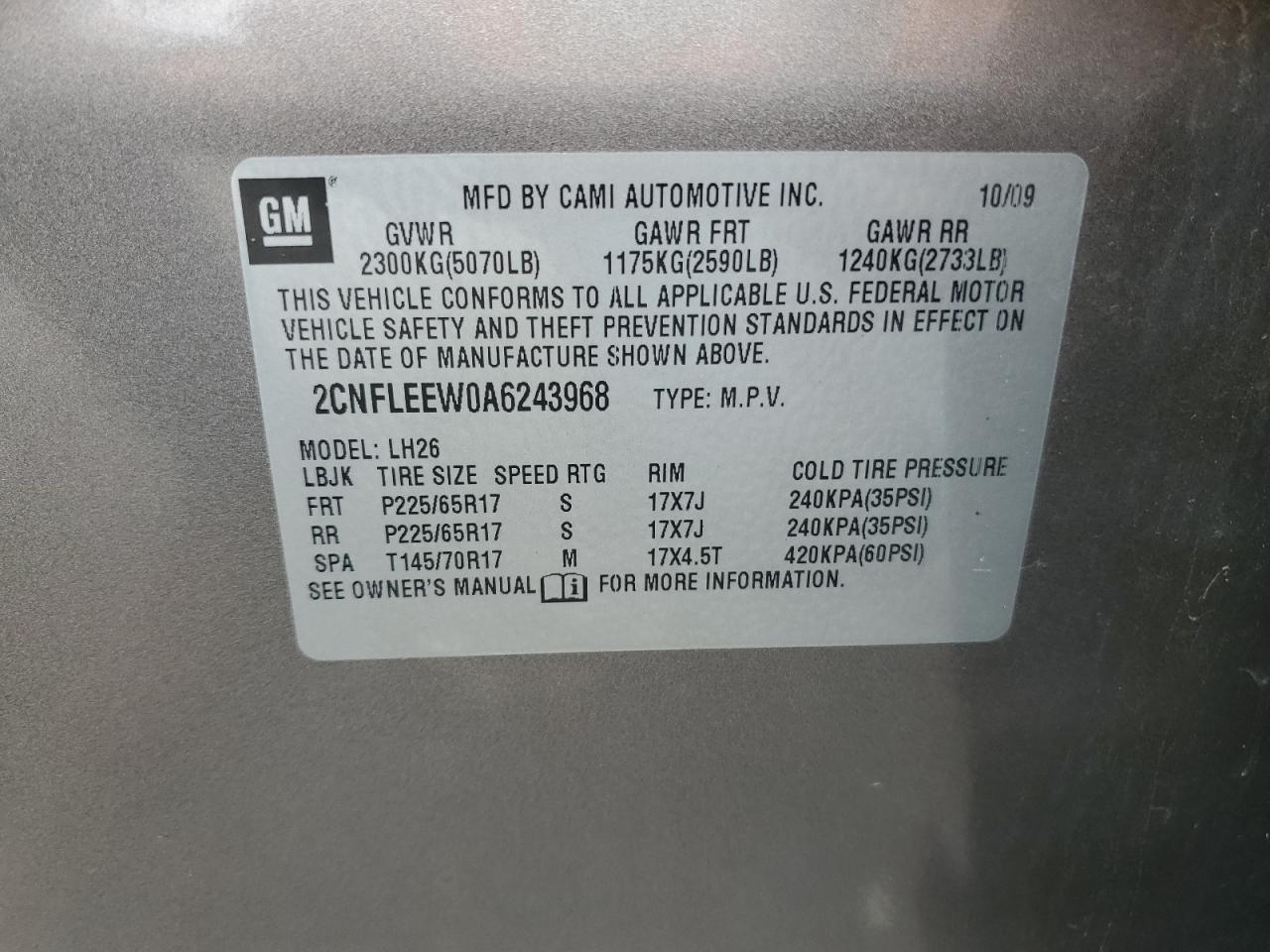 2010 Chevrolet Equinox Lt VIN: 2CNFLEEW0A6243968 Lot: 64761964