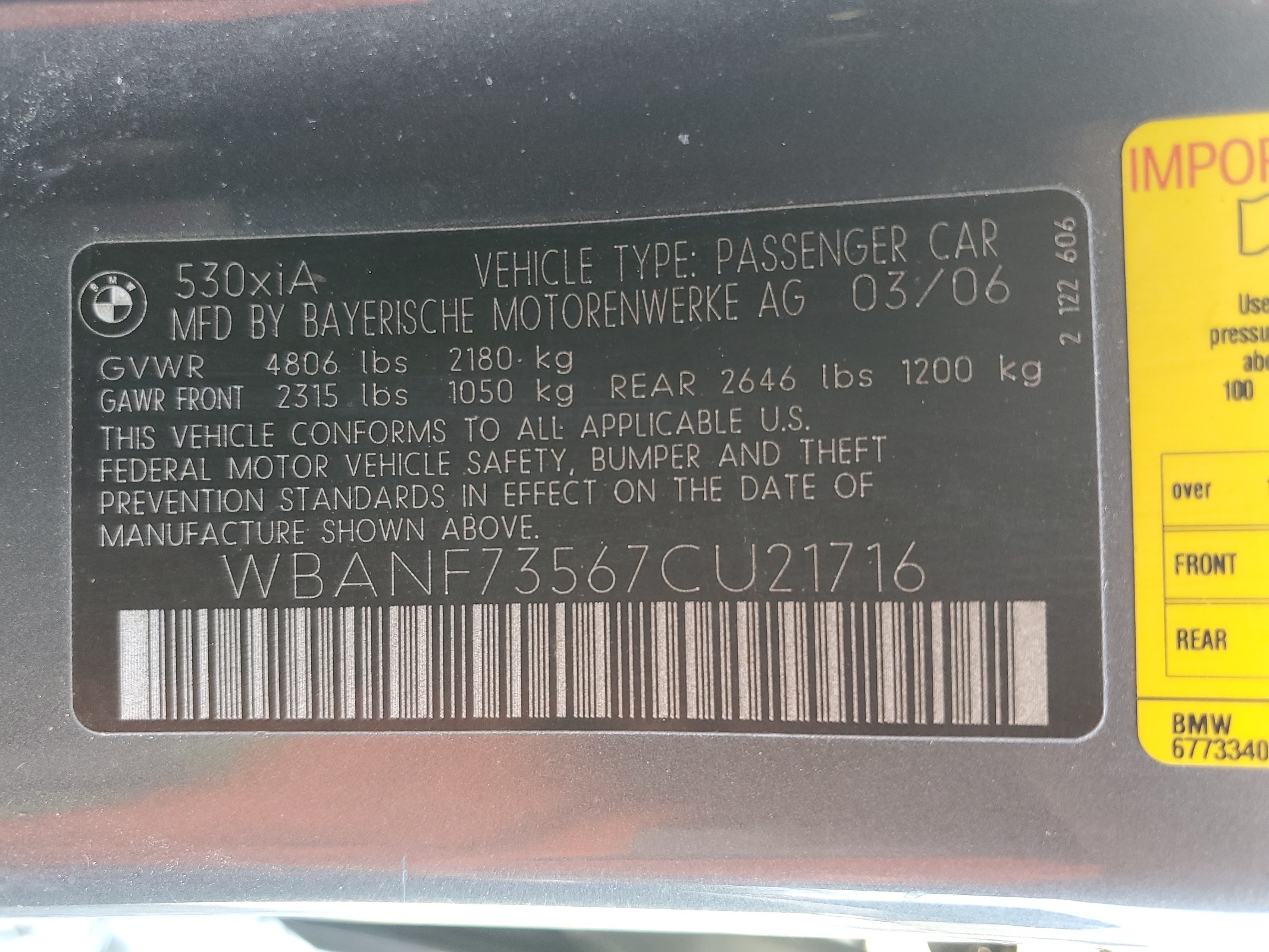 WBANF73567CU21716 2007 BMW 530 Xi