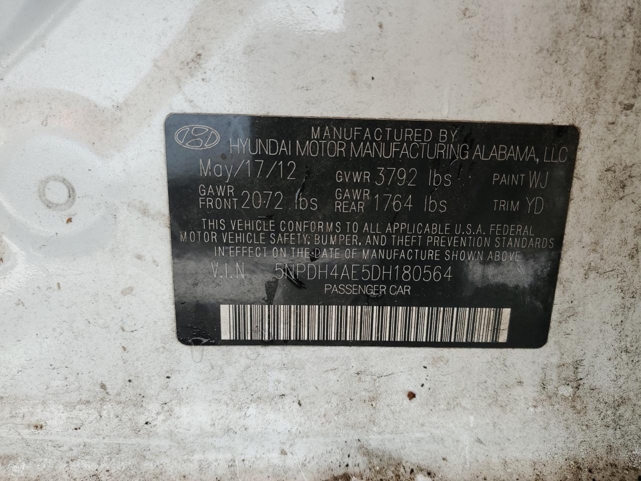 2013 Hyundai Elantra Gls VIN: 5NPDH4AE5DH180564 Lot: 63478214