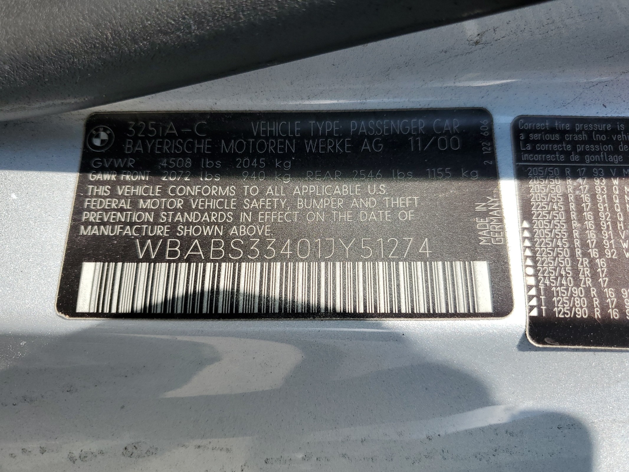 WBABS33401JY51274 2001 BMW 325 Ci