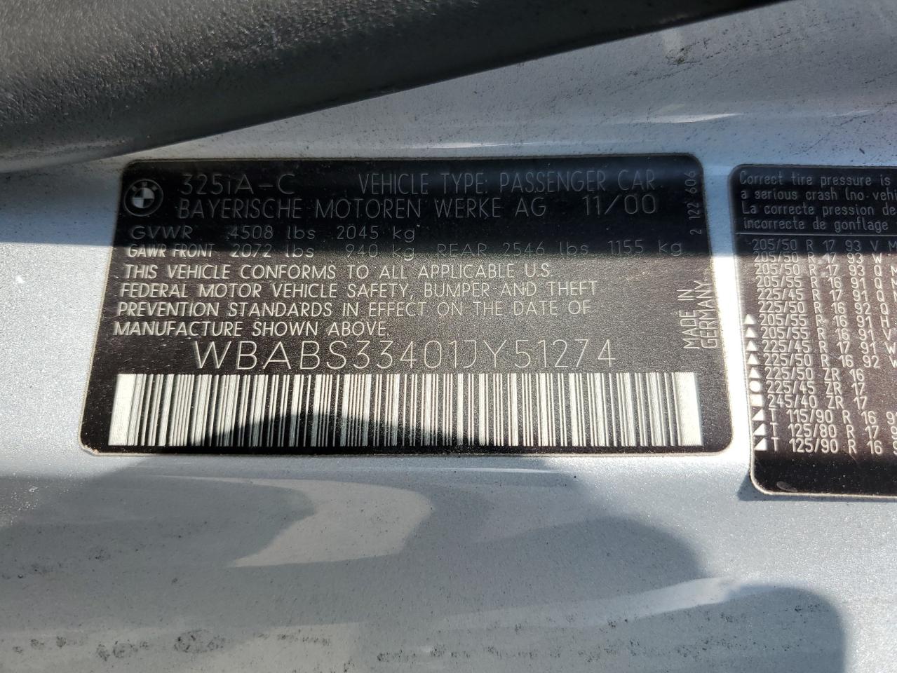2001 BMW 325 Ci VIN: WBABS33401JY51274 Lot: 64278454