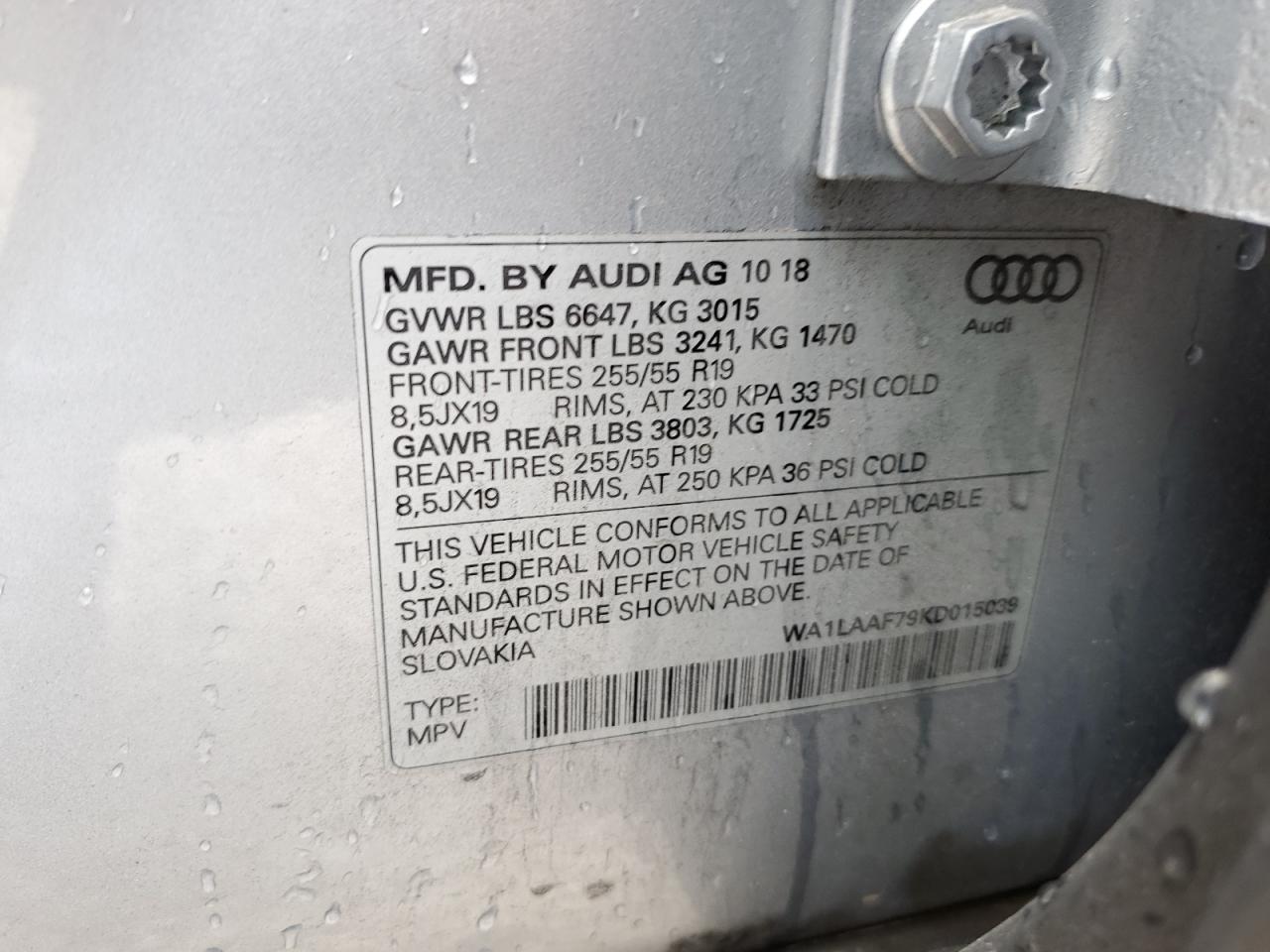 2019 Audi Q7 Premium Plus VIN: WA1LAAF79KD015039 Lot: 62276484