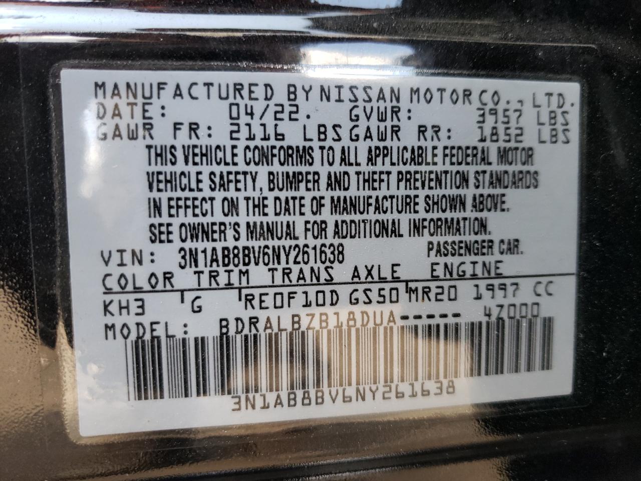 2022 Nissan Sentra S VIN: 3N1AB8BV6NY261638 Lot: 64671484