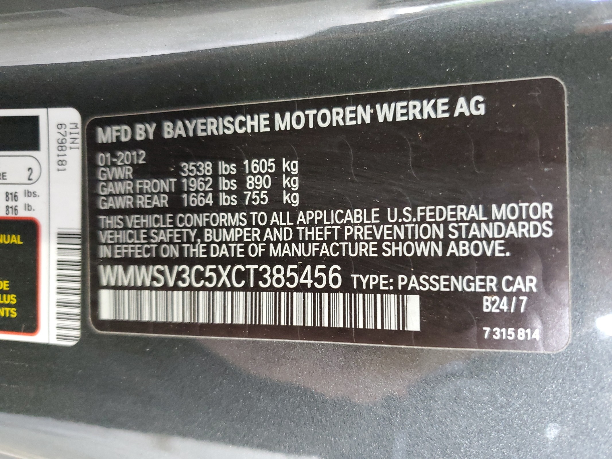 WMWSV3C5XCT385456 2012 Mini Cooper S