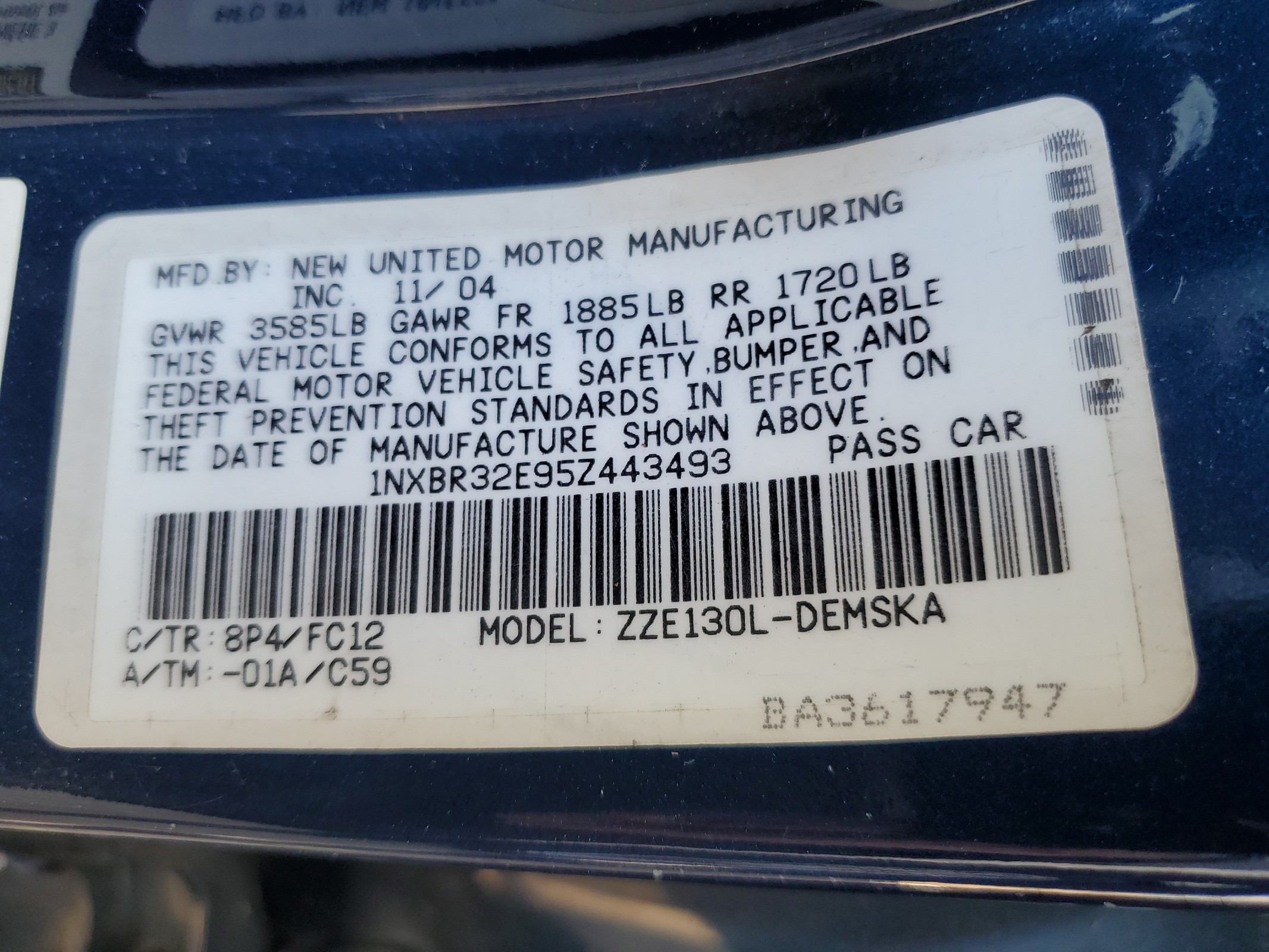 1NXBR32E95Z443493 2005 Toyota Corolla Ce