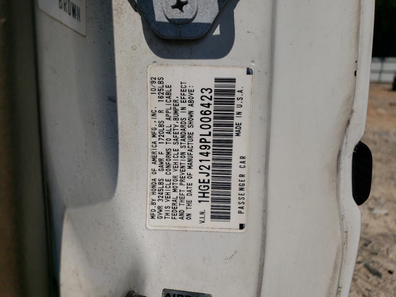 1HGEJ2149PL006423 1993 Honda Civic Dx